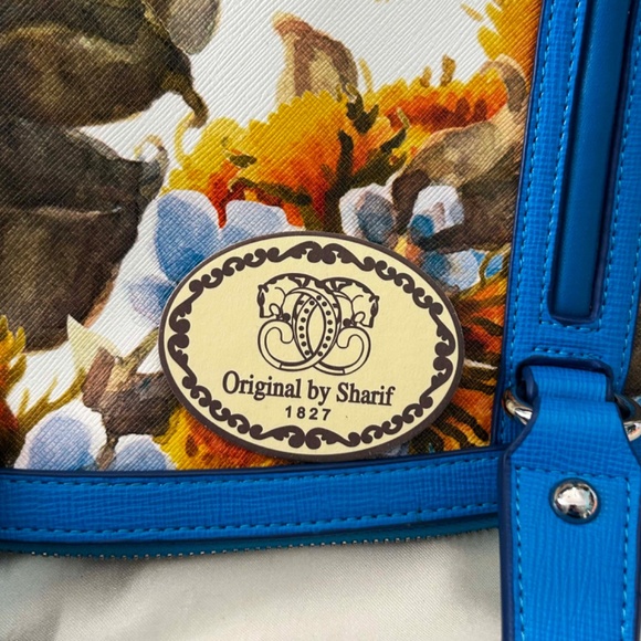 SATCHEL, LEATHER, BLUE WITH MULTICOLOUR FLORAL, TOP DOUBLE ZIP CLOSURE, TWO - Picture 16 of 16